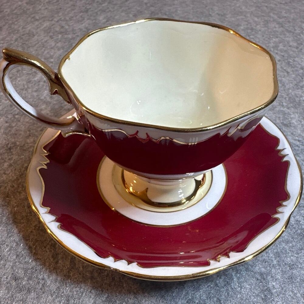 ROYAL Albert  Crown China Cup and Saucer Set ~ ENGLAND Burgundy and Gold